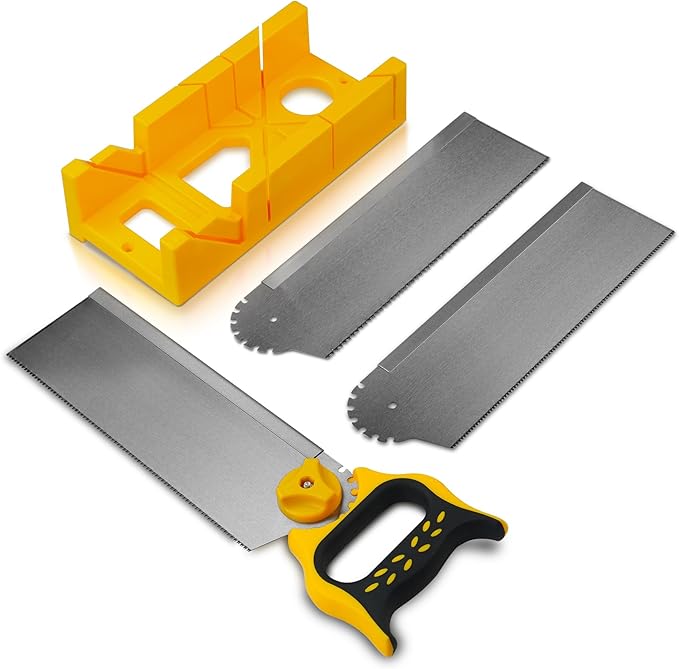 4PCS Miter Box and Saw Set, 4.13 × 12-Inch Extra-Wide Mitre Box with 3 Mitre Saws for Heavy-Duty Tasks, Miter Box with Saw Included for Precise Miter and Bevel Cuts Woodworking DIY Crafting