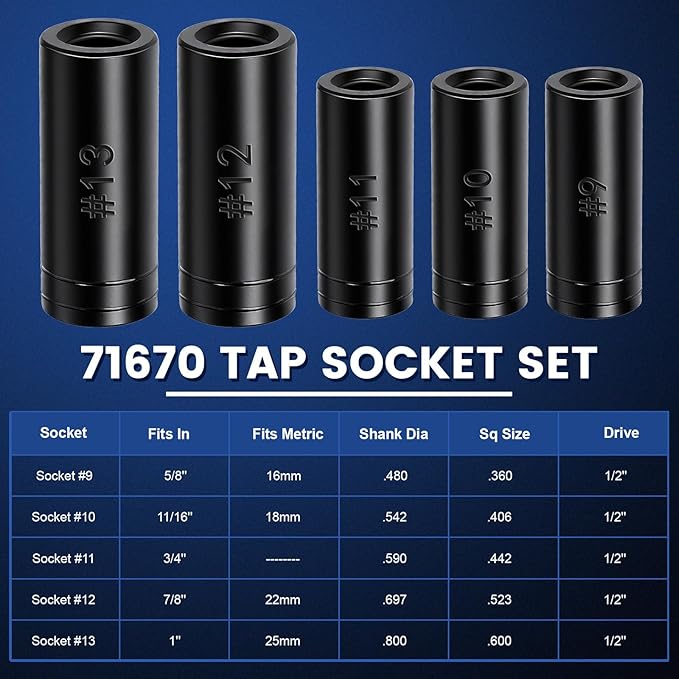 71670 Large Tap Socket Set, Socket Wrench Set with Vinyl Tap Holder, 5/8" to 1" & Metric, 1/2" Square Drive Taps Sockets Adapter for Tap and Die, Extensions, Tight Spaces