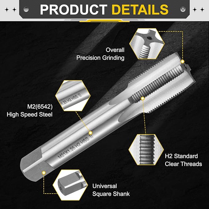 uxcell Hand Plug Tap M21 x 1.25 H2 Metric Thread Plug Style Taps Straight Flute Screw Tapping Threading Tool High Speed Steel HSS6542