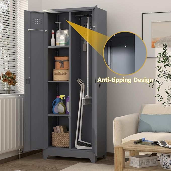 GREATMEET 65" Garage Storage Cabinet, Broom Closet Storage Cabinet, Metal Cabinets with Doors and Shelves, Utility Closet for Brooms and Mops, Utility Cabinets for Storage, Grey