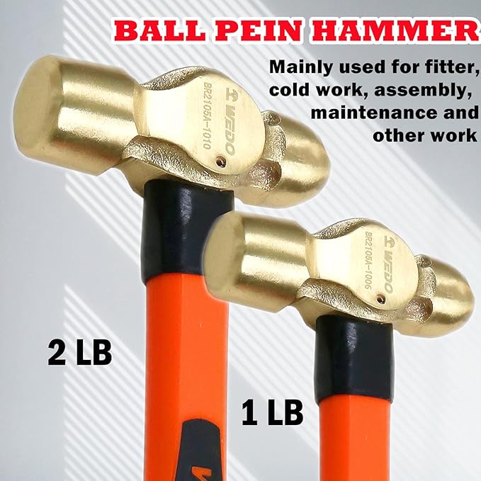 WEDO 3PCS Hammer Set,0.7lb Scaling Hammer,1lb Ball Pein Hammer,2lb Ball Pein Hammer,Brass,Fiberglass Handle,Die-Forge,Corrosion Resistant