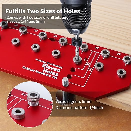 RUITOOL Shelf Pin Jig 11 Holes, Self-contained Clamping Function All Metal Shelf Pin Drilling Jig with 1/4" and 5mm Drill Bit, Shelf Hole Jig and Cabinet Hardware Jig Tool Drill Guide with Storage Bag