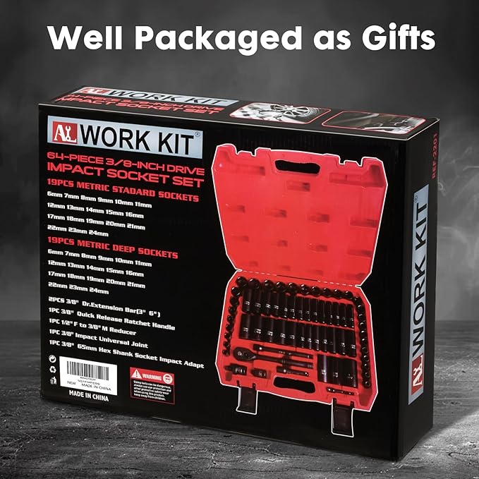 3/8" Drive Impact Socket Set 64-Piece, Deep & Shallow SAE (5/16"-1") & Metric (6-24mm), with 3/8-Inch Ratchet Handle, 6 Points,Cr-V, Extension Bars, Universal Joint, Gift for Men