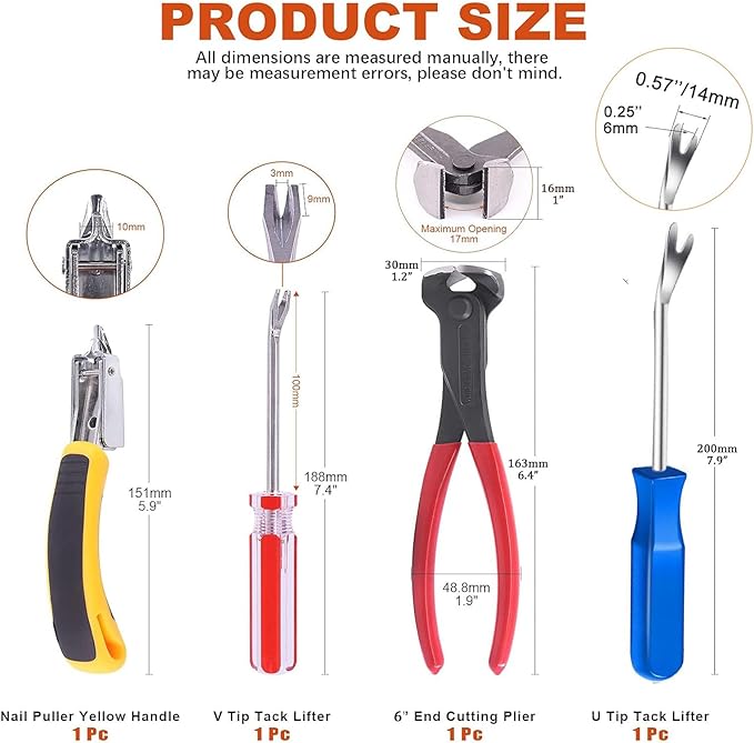 4Pcs Upholstery Staple Remover Nail Puller Nail Remover Tool Set with End Cutting Pliers Tack Puller Staple Puller Tool for Carpet Furniture Wooden Photo Frame Floor,Zipper Package