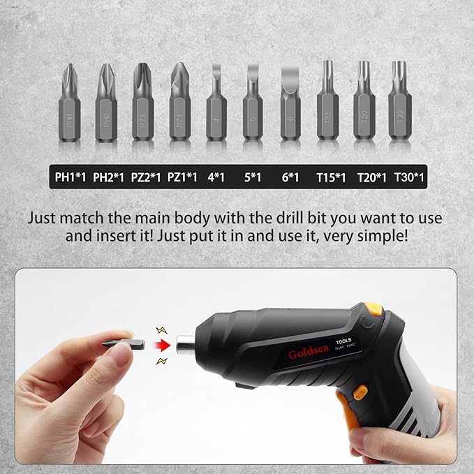 Electric Screwdriver Goldsea 4.2V Cordless Screwdriver 3.5N.m 1500mAh Type-C Charging 10pcs Screwdriver Bits 1/4??Hex Chuck 90째/180째 deformation handle Forward and reverse adjustment LED Light