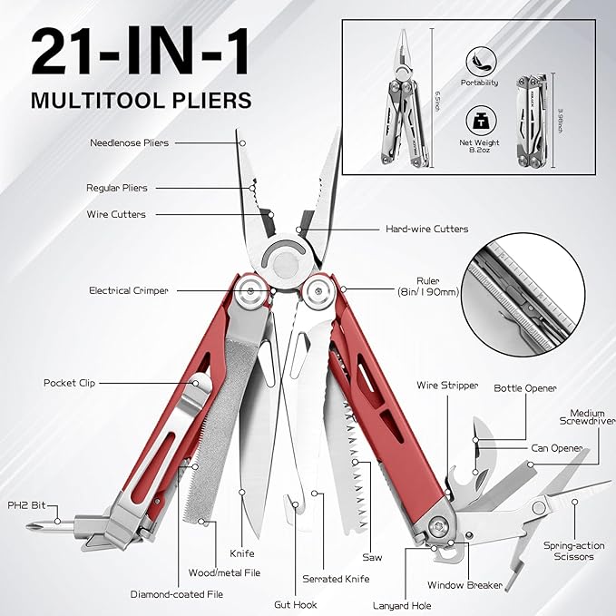 RBLACK Longeron21 Multitool, 21-in-1 Multi Tool Pliers with Safety Locking and Spring-Action Scissors, Heavy-duty Multi-tool Set with Nylon Sheath for Work, Home, Garden, DIY & Auto, Brick Red