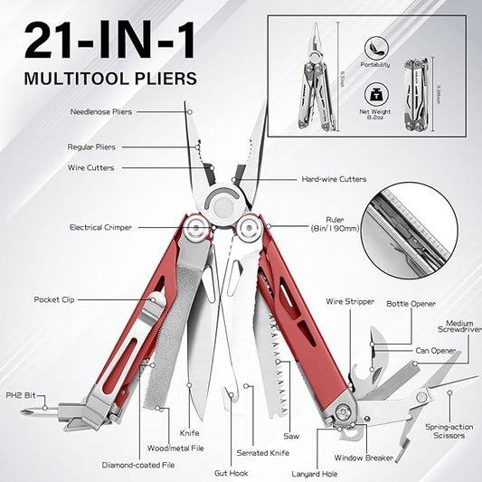 RBLACK Longeron21 Multitool, 21-in-1 Multi Tool Pliers with Safety Locking and Spring-Action Scissors, Heavy-duty Multi-tool Set with Nylon Sheath for Work, Home, Garden, DIY & Auto, Brick Red