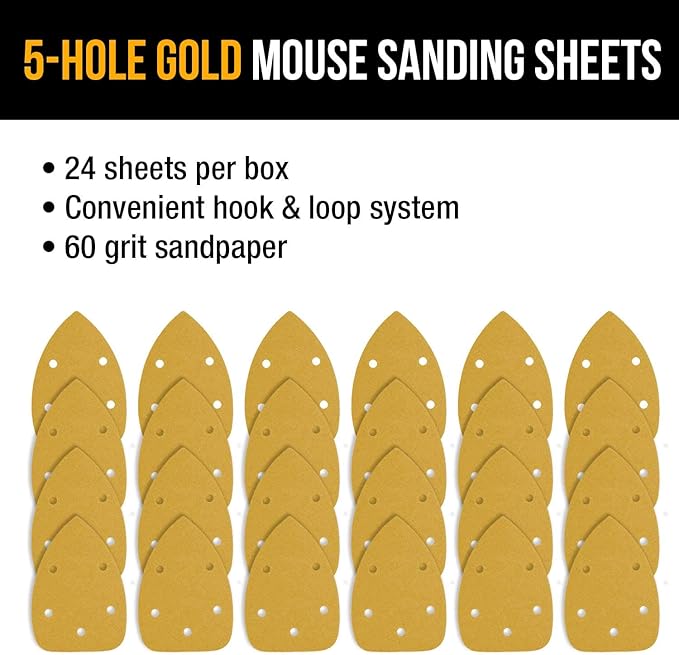 Dura-Gold Premium Mouse Detail Sander Sandpaper Sanding Sheets - 60 Grit (Box of 24) - 5 Hole Pattern Hook & Loop Triangle Mouse Discs - Woodworking Wood, Furniture Crafting, Sand Automotive Paint