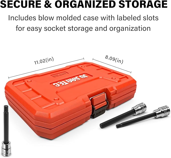 19-Piece 3/8" Drive Long Reach Impact Hex Bit Socket Set, SAE (1/8"-3/8") & Metric (3mm-12mm) Deep Allen Key Wrench Set, S2 and Cr-V Steel, with Molded Storage Box
