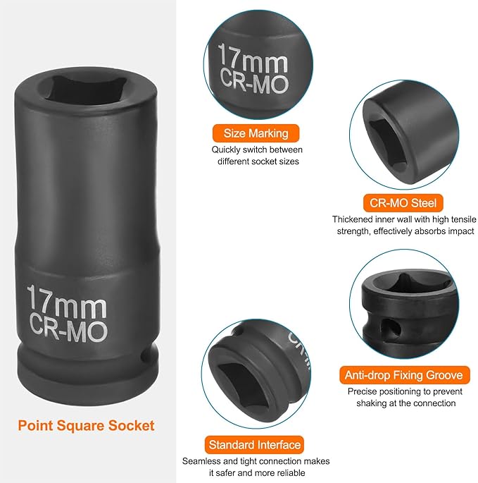 HARFINGTON 4 Point Square Socket 3/4" Drive 17mm Metric Square Impact Socket CR-MO Blackening Standard Wheel Sleeve Pneumatic Sleeve Tool for Auto Repair Mechanical Maintenance Home Use
