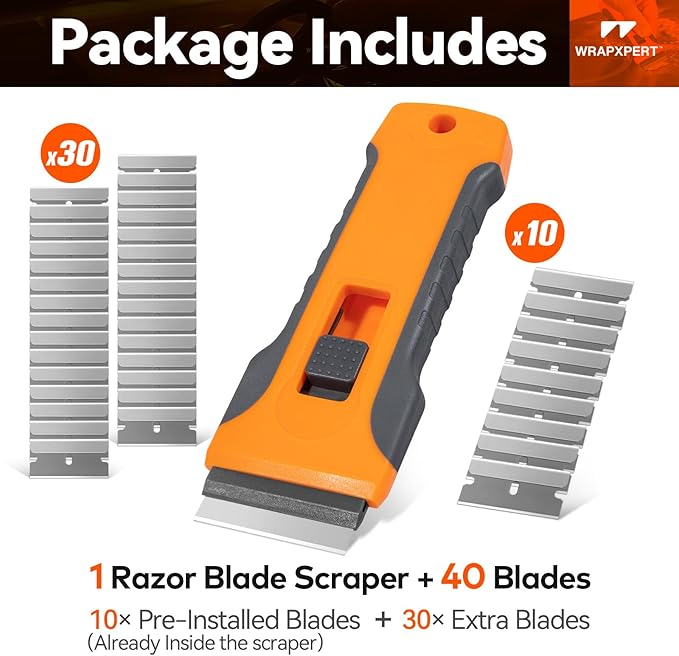 WRAPXPERT Razor Blade Scraper, Razor Scraper Tool with 30pcs Extra Blades for Glass, Window Scraper, Glass Scraper, Blade Razor Retractable for Removing Glue, Paint, Stickers, Labels