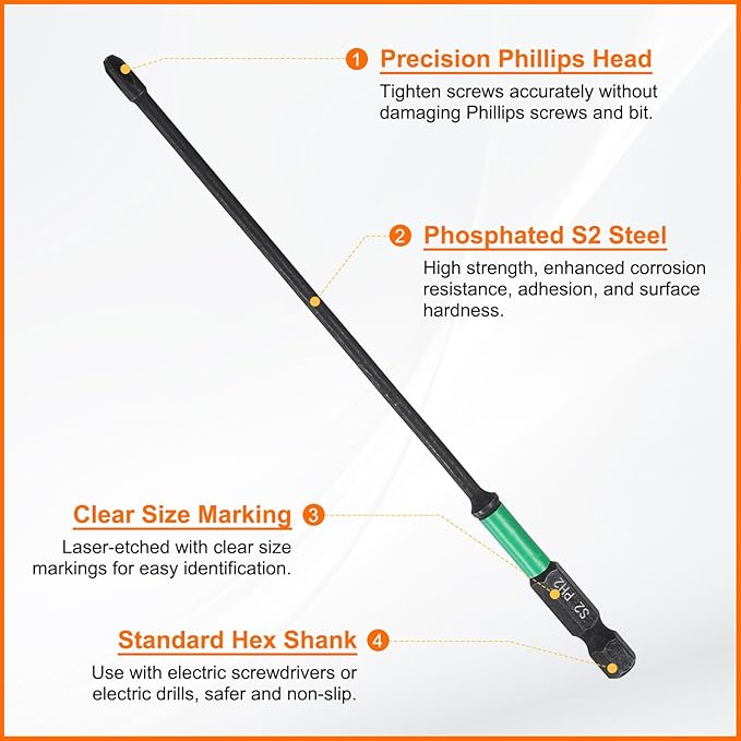 HARFINGTON 3pcs #2 Impact Phillips Screwdriver Bit PH2 1/4" Hex Shank 6" (150mm) Long 0.12" Rod Magnetic Cross Head Drill Bits S2 Steel Industrial Screw Driver for Impact Power Drivers