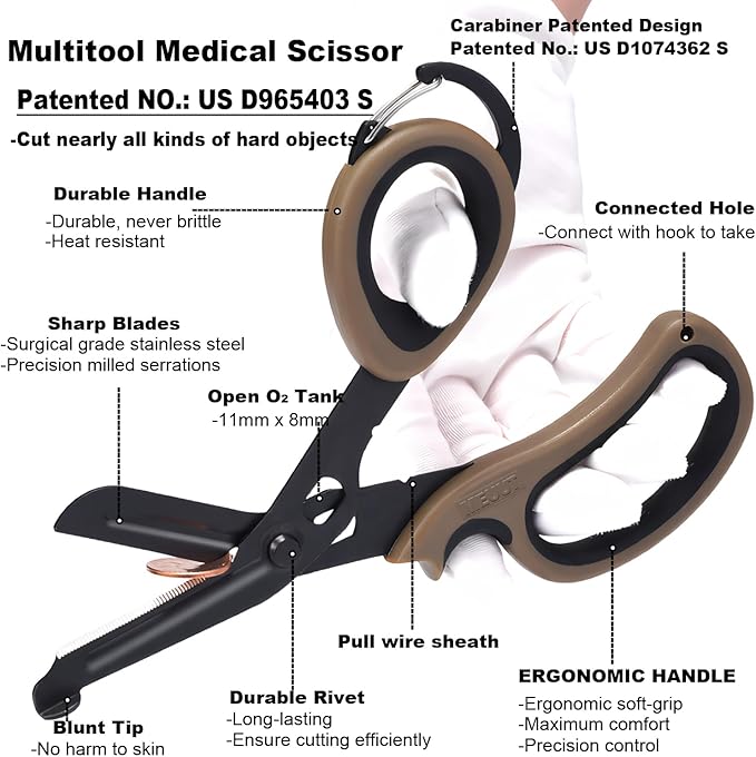 MEUUT 2 Pack Medical Scissors Trauma Shears with Carabiner design, 7.5" Fluoride Coated Non-stick Blades Bandage Scissor for Nurses, EMT, Household, outdoors