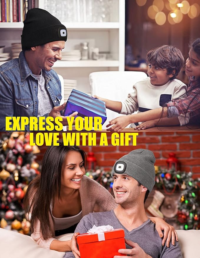 MELASA Unisex Hat with Light, USB Rechargeable Hands Free Headlamp LED Beanie, Winter Gifts for Men Dad Father Husband Him