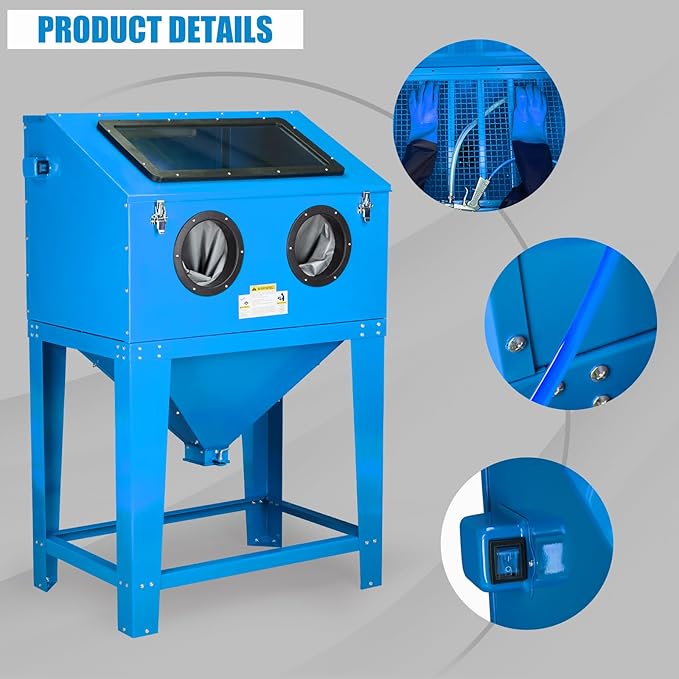 90 Gallon Sandblasting Cabinet,40-80PSI Sand Blasting Cabinet with Glass Viewing Windows/LED Light, Heavy Duty Sand Blaster with 4 Nozzles & Blasting Gun for Paint, Rust Removal Blue