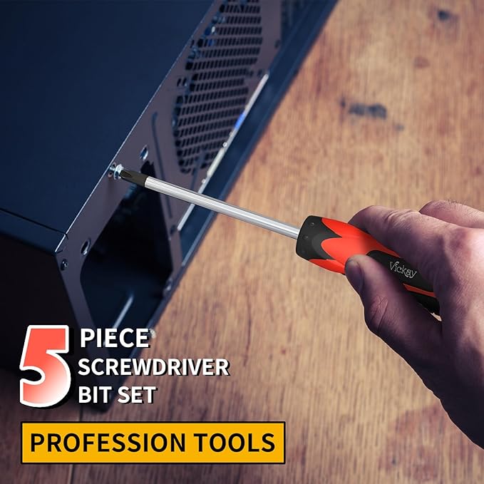 Vickay Screwdriver Set, Permanent Magnetic Precision Tips, Rust Resistant Heavy Duty shank Toolkit for men Repairing, Slotted & Phillips Screwdriver, Ergonomic Comfortable Non-skid Handle, 5 Pieces