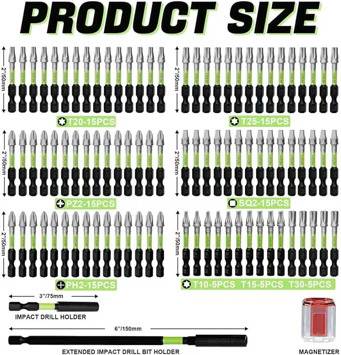 Magnetic Screwdriver Bit Set, 93-Piece Impact Ready S2 Steel Driver Bits with Magnetizer, Extension Bars, for Automotive, Repair & DIY Projects (PH/PZ/SQ/T/Torx)