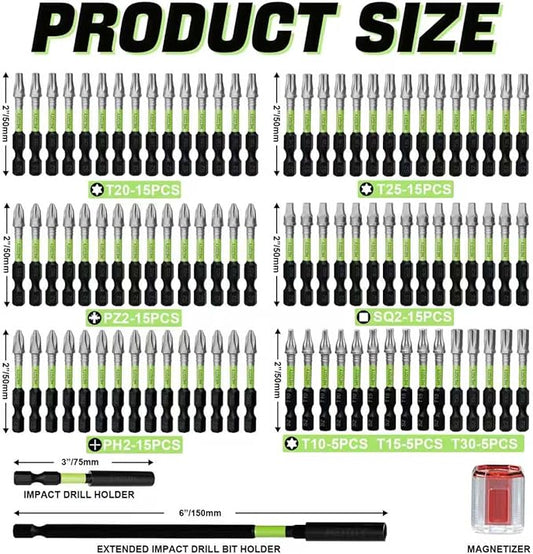 Magnetic Screwdriver Bit Set, 93-Piece Impact Ready S2 Steel Driver Bits with Magnetizer, Extension Bars, for Automotive, Repair & DIY Projects (PH/PZ/SQ/T/Torx)