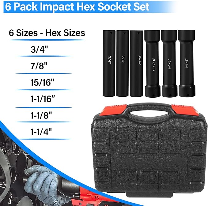 Drive Extended Length Impact Socket Set 6 Pack 1/2 Inch Drive Crank Bolt Socket Set Include Sizes 3/4", 7/8", 15/16", 1-1/16", 1-1/8", 1-1/4" for High Torque Use with Case