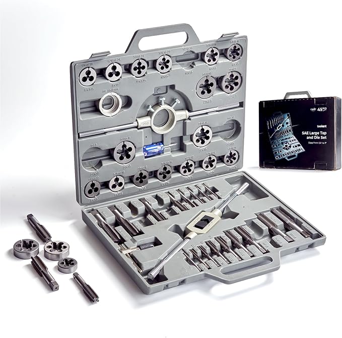 toolant 45pcs SAE Tap and Die Set, 1/4"-1" Large Threading Set with Round Dies for Cutting and Rethreading Internal and External Threads