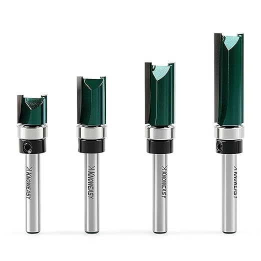 Knoweasy Flush Trim Router Bit Set with Guide Bearing for Woodworking, Straight Cut Pattern Bits Prevent Tear-Out, Professional Template Milling Cutter Tool for Smooth Edges and Clean Cuts