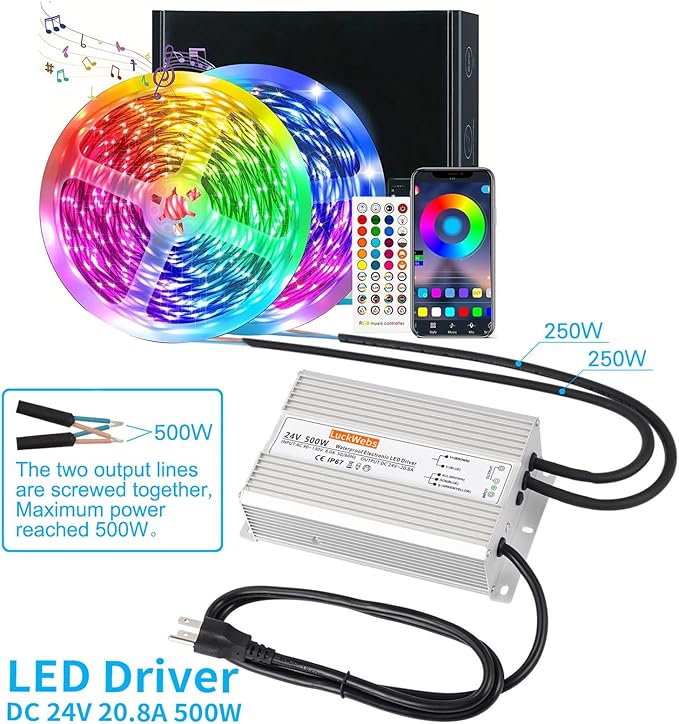 LED Driver 24V500W Waterproof Power Supply AC90-130V to DC24V20.8A Low-Voltage IP67 Transformer Suitable for Street Lights Lawn Lights LED Outdoor Landscape Lighting Waterproof Transformer