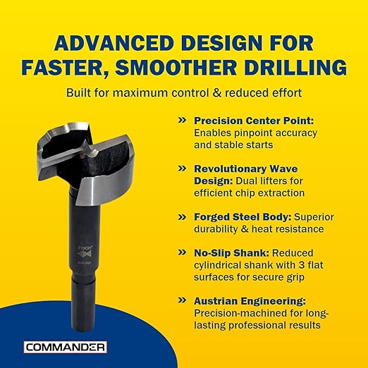 Fisch Black Shark Forged Steel Forstner Drill Bit for Woodworking, Precision Wave Design, Clean Cuts in Hardwoods, MDF, and Plywood, FSA-365815, Made in Austria (1-1/4 inches)