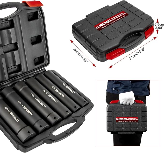 LLNDEI 1/2 Inch Drive Extended Length Impact Socket Set 6PCS Extra Deep Socket Set Include Sizes 3/4", 7/8", 15/16", 1-1/16", 1-1/8", 1-1/4" for High Torque Use