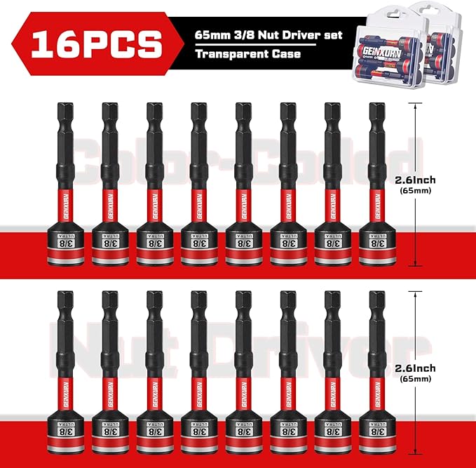 Impact Nut Driver Set, 16 Pieces 2.56?쒵ong 3/8?? Point Alloy Steel Magnetic SAE Nut Setter Set Use For Require Installing 1/4 Hex Shank Impact Driver with Portable Storage Cases
