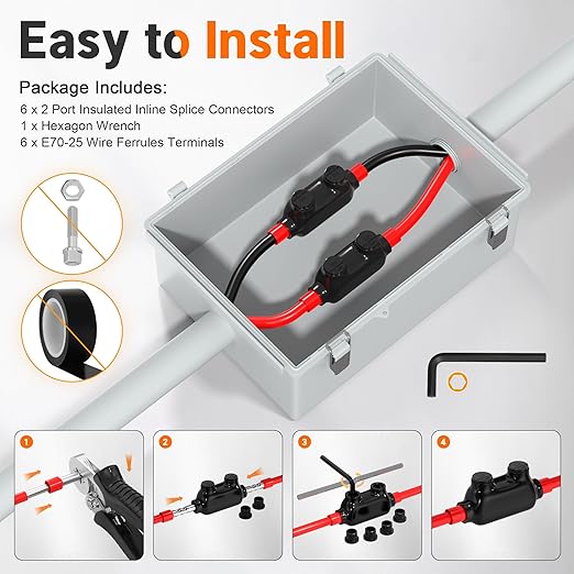 Joinfworld Insulated Inline Splice Connector 3/0-6AWG Aluminum to Copper Wire Connectors Aluminum Wire Connectors UL Listed with Slotted Allen Hex - 6 Pack