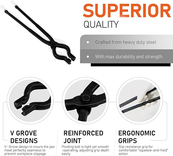 17" V-Bit Bolt Knife Making Tongs, Blacksmith Bladesmith Anvil Forge Assembled Wolf Jaw Tongs for Beginner & Seasoned Blacksmiths