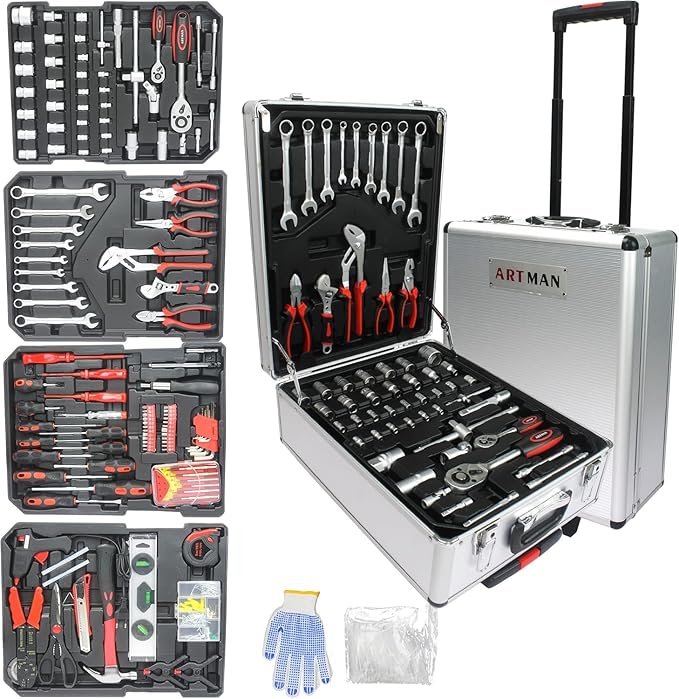 Aokleo 899PCS Tool Set, Household Tool Kit with Rolling Tool Box, Complete Tool Box Set Hand Tool Set with Tool Box, Mechanic Tool Set Rolling Tool Set for Auto Repair/Home Tool Set (White)