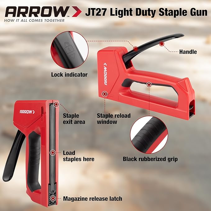 Arrow Light Duty Staple Gun with Safety Lock Function, Upholstery Stapler Gun with 2000 3/8'' JT21 Staples, JT27P Staple Gun for Wood, Material Repair, Furniture Decoration, Crafts and DIY