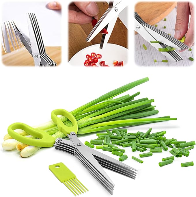 stainless steel herb scissors with 5 blades, multi blade herb cutting shears for kitchen salad,Scallion,Green onion