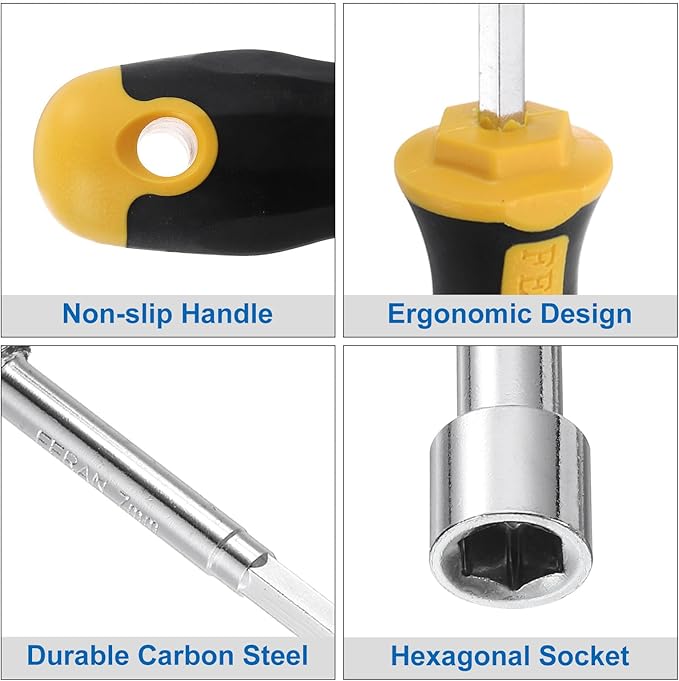 uxcell 7mm Socket Wrench Screwdriver Carbon Steel Hexagon Nut Driver Hand Tool Screwdriver Steel Cushion Grip Screwdriver for Hand-Making Automotive Repair Maintenance