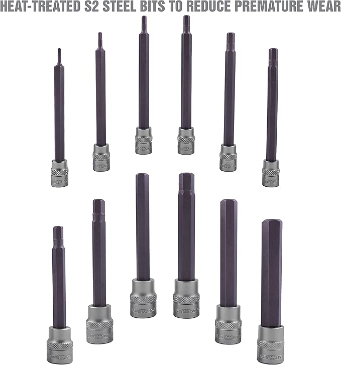 OEMTOOLS 23903 12 Piece Metric Magnetic Long Hex Bit Socket Set, Metric Hex Sockets, 1/4" and 3/8" Drive Long Metric Hex Socket Set, Allen Bit Sockets