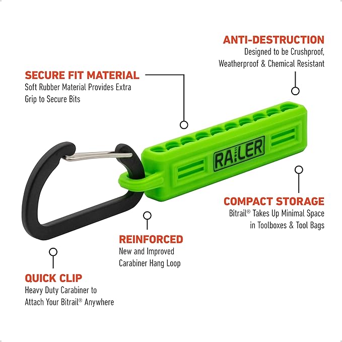 Screwdriver Bit Holder Storage Organizer ??Railer 10-Hole Hi-Vis Green Bit Holder with Carabiner - 2 Pack