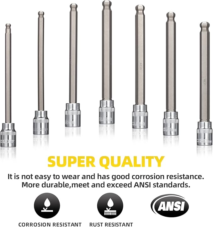 3/8 Inch Drive Extra Long Hex Bit Socket Set, 20-Piece Ball End Allen Socket Set With SAE and Metric 1/8 Inch to 3/8 Inch & 3mm to 10mm, CR-V and S2 Steel
