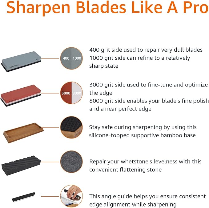 Amazon Basics Whetstone Knife Sharpening Wet Stone Dual Sided 400/1000 and 3000/8000 Grit Stones, Flattening Stone, and Non-Slip, Bamboo Base, 3 Count (Pack of 1), Black & Grey