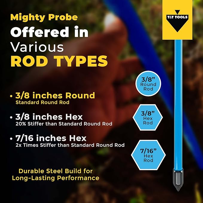T&T Tools 42-Inch Mighty Probe Insulated Metal Soil Probe ??3/8" Metal Round Rod, Heavy Duty Design for Easy Penetration & Withdrawal, Soil Testing & Landscaping Tools, T-Handle, USA-Made-1 Pack