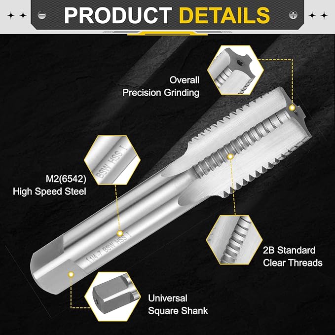 uxcell Hand Taper Tap 1-1/4"-7 BSW Thread Taper Style Taps Straight Flute Screw Tapping Threading Tool High Speed Steel HSS6542