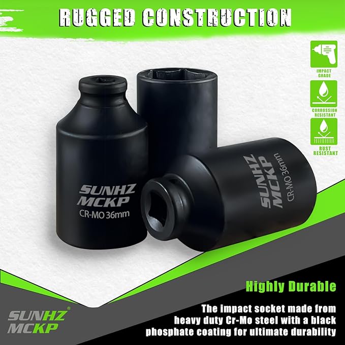 SUNHZMCKP 36mm Socket | 1/2??Drive Deep Impact Socket | 6 Point |CR-MO | Spindle & Axle Nut Impact Grade Socket for Easy Removal (METRIC 36 mm)