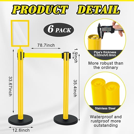 Therwen 6 Pack Heavy Duty Crowd Control Stanchions 9.8 ft Stainless Steel Stanchion Set with Safety Barrier Post Retractable Belt and Sign Holder Crowd Control Barrier(Yellow Belt, Yellow)