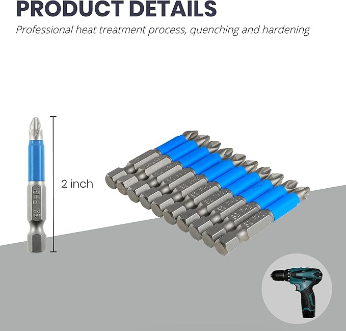 Anti Slip Phillips Cross Slot PH2#2 Short Screwdriver Bit Set 10PCS 1/4 Inch Hex Shank 2 Inch/50 mm Length S2 Steel with Magnetic Tip for Power Screwdriver Drill Impact Driver Tool Accessory