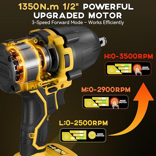 900Ft-lbs (1200N.m) Impact Wrench, 1/2" Cordless Impact Gun, 21V High Torque Brushless Impact Driver, 2x4.0Ah Batteries Electric Impact Motor Variable Speeds for Car/Pickup Truck/Mower, Yellow