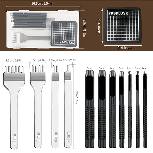 12 Pieces Leather Stitching Punch Circle Hole Cutter Tools Set, 4mm 1/2/4/6 Prong Punch Leather Chisel and 7 Pcs Circle Cutter Tools for DIY Leathercrafts, Belt, Watch Band, Strap