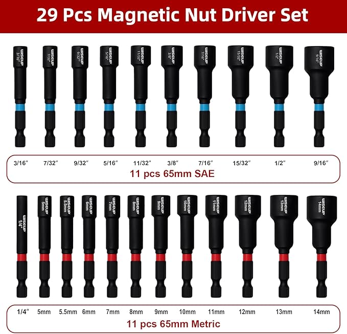 WISEUP 29PCS Magnetic Nut Driver Set，Impact Drill Driver Bit Set & 1/4" Hex Shank，Cr-V Steel SAE & Metric Power Nut Drivers，Includes Magnetic Bit Holder, Quick Release Extension with Storage Bag