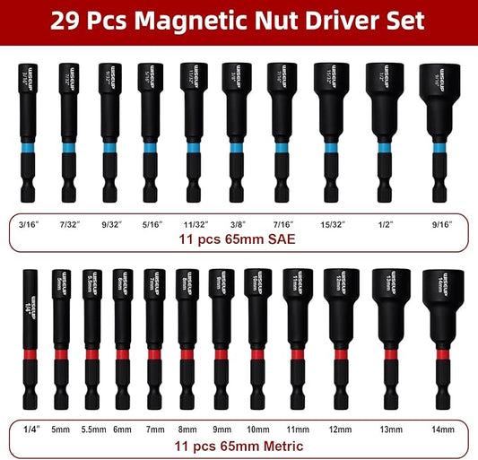 WISEUP 29PCS Magnetic Nut Driver Set，Impact Drill Driver Bit Set & 1/4" Hex Shank，Cr-V Steel SAE & Metric Power Nut Drivers，Includes Magnetic Bit Holder, Quick Release Extension with Storage Bag