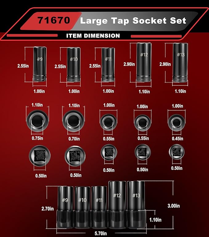 71670 Large Tap Socket Set, 5 PC. Tap Socket Adapter Compatible with M.C.T.I. Standard Taps 5/8", 11/16", 3/4", 7/8" and 1" (Number and Fractional)