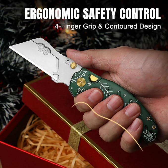 Kizer C01C 2.9(Dual-screw Version) Utility Knife, Button Liner Lock Box Cutter EDC Pocket Knife with 5PCS Razor Blades, Small Folding Knives with Integrated Tool in Green G10 Handle, V3488.29JMC1